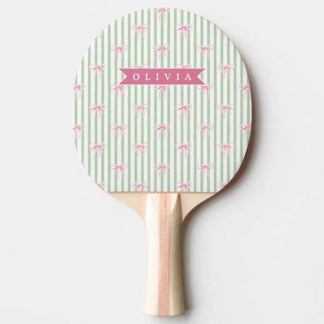 Personalized Pink Bow Green Stripe Coquette Preppy Ping Pong Paddle (Front)