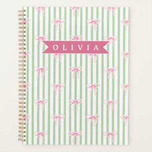 Personalized Pink Bow Green Stripe Coquette Preppy Planner