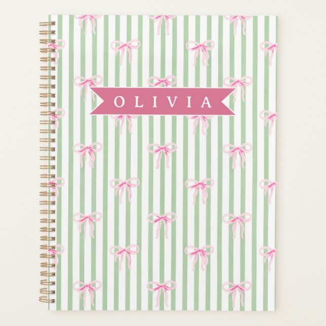 Personalized Pink Bow Green Stripe Coquette Preppy Planner (Front)