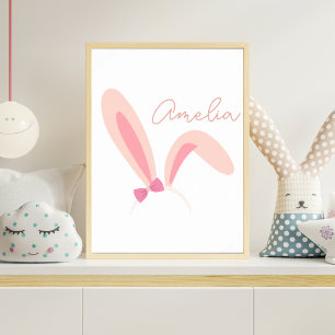 Personalized Pink Bunny Ears Nursery Wall Art Baby