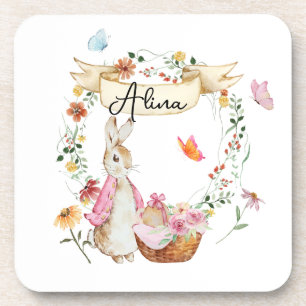 Personalized Pink Bunny Easter Watercolor   Coaster