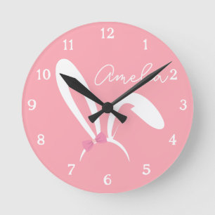 Personalized Pink Bunny Nursery Wall Clock Cute