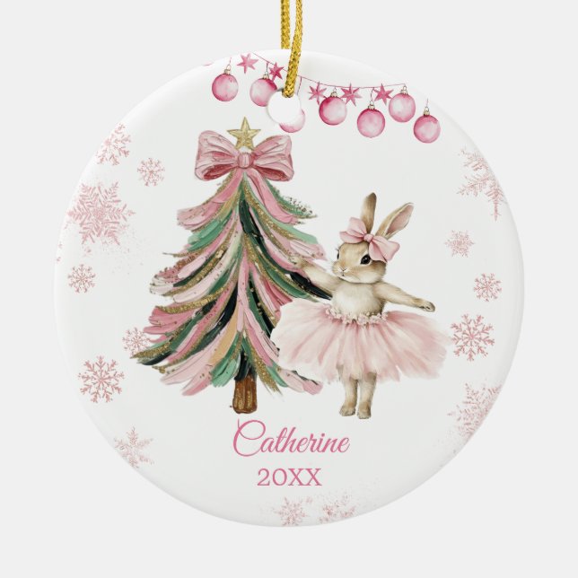 Personalized Pink Christmas Bunny Ballerina Ceramic Tree Decoration (Front)