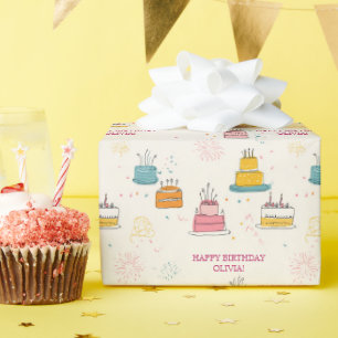 Personalized Pink Confetti Floating Birthday Cake Wrapping Paper