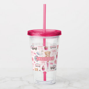 Personalized Pink Coquette Retro Cute Teddy Bear Acrylic Tumbler