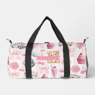 Personalized Pink Coquette Retro Cute Teddy Bear Duffle Bag