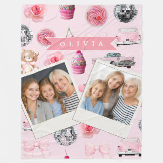 Personalized Pink Coquette Retro Cute Teddy Bear Fleece Blanket