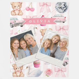 Personalized Pink Coquette Retro Cute Teddy Bear  Fleece Blanket