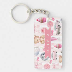 Personalized Pink Coquette Retro Cute Teddy Bear Key Ring
