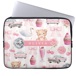 Personalized Pink Coquette Retro Cute Teddy Bear Laptop Sleeve