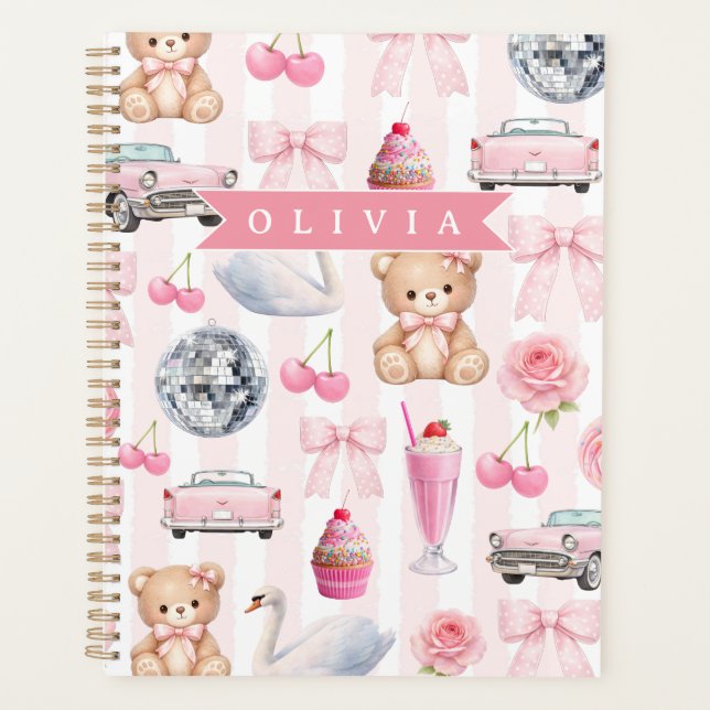 Personalized Pink Coquette Retro Cute Teddy Bear  Planner (Front)