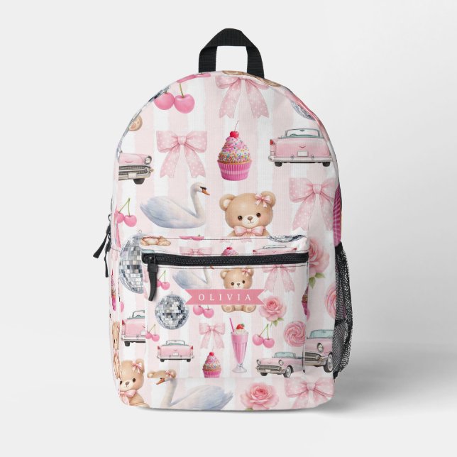 Personalized Pink Coquette Retro Cute Teddy Bear  Printed Backpack (Front)