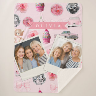 Personalized Pink Coquette Retro Cute Teddy Bear Sherpa Blanket