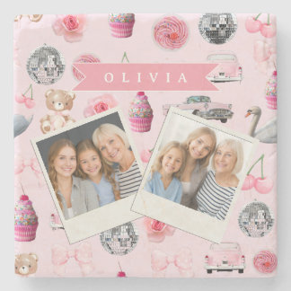 Personalized Pink Coquette Retro Cute Teddy Bear Stone Coaster