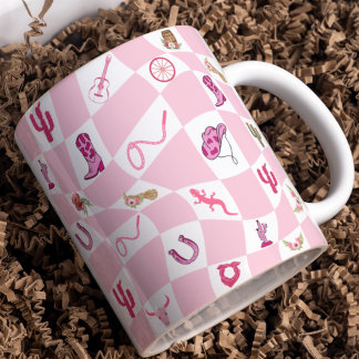 Personalized Pink Cowgirl Checkered Pattern  Coffee Mug
