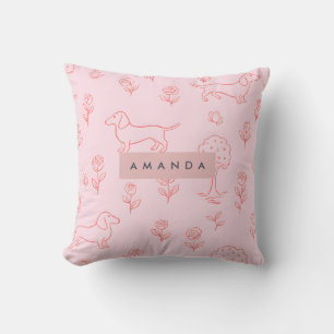 Personalized Pink Dachshund and Flower Cushion