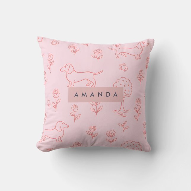Personalized Pink Dachshund and Flower Cushion (Front)