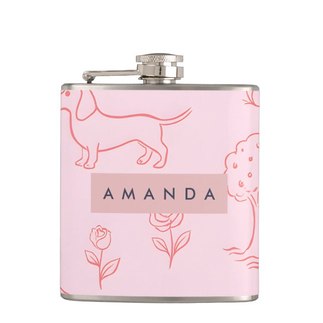 Personalized Pink Dachshund and Flower Hip Flask (Front)