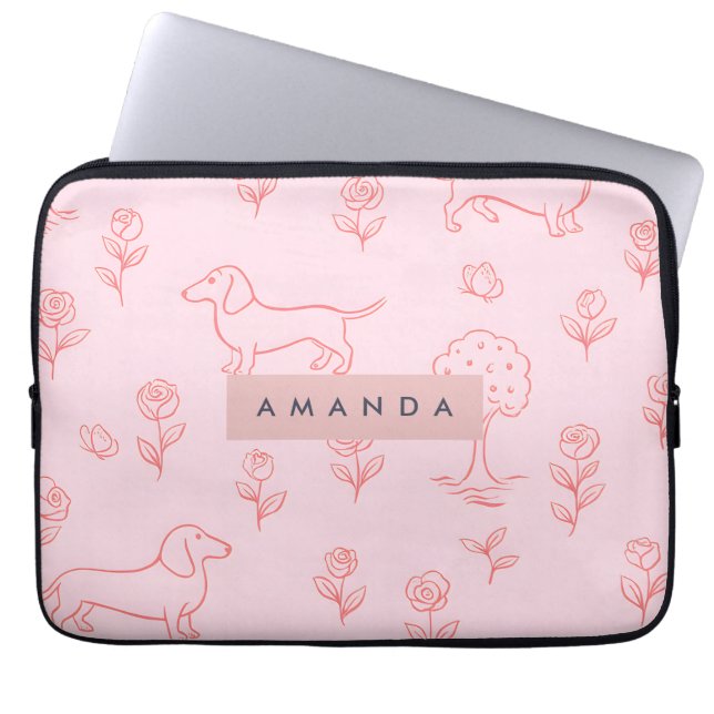 Personalized Pink Dachshund and Flower Laptop Sleeve (Front)