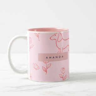 Personalized Pink Dachshund and Flower Two-Tone Coffee Mug