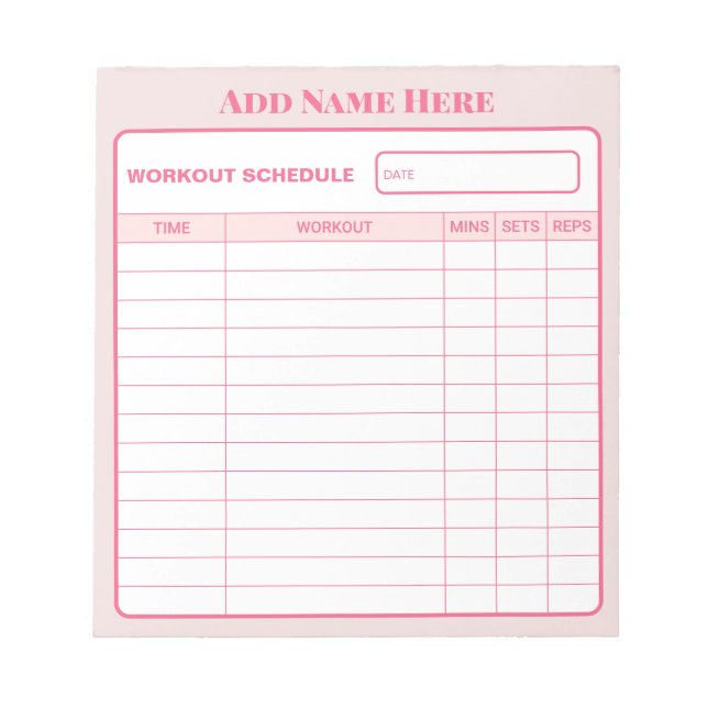 Personalized Pink Daily Workout Schedule Notepad (Front)