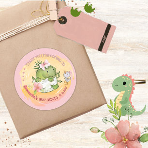 Personalized Pink Dino & Duckling Baby Shower  Classic Round Sticker