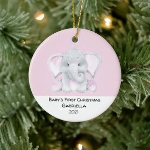 Personalized Pink Elephant Babys First Christmas Ceramic Tree Decoration