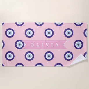 Personalized Pink Evil Eye Pattern Gifts With Name Beach Towel