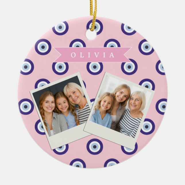 Personalized Pink Evil Eye Pattern Gifts With Name Ceramic Tree Decoration (Front)