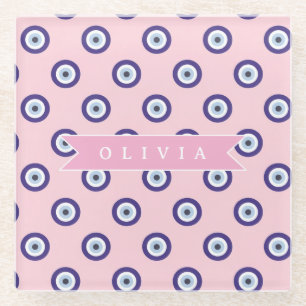 Personalized Pink Evil Eye Pattern Gifts With Name Glass Coaster