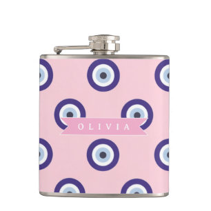 Personalized Pink Evil Eye Pattern Gifts With Name Hip Flask