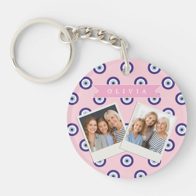 Personalized Pink Evil Eye Pattern Gifts With Name Key Ring (Front)