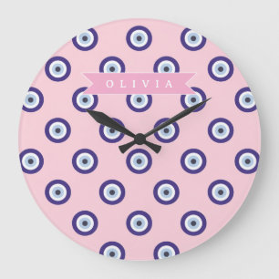Personalized Pink Evil Eye Pattern Gifts With Name Large Clock
