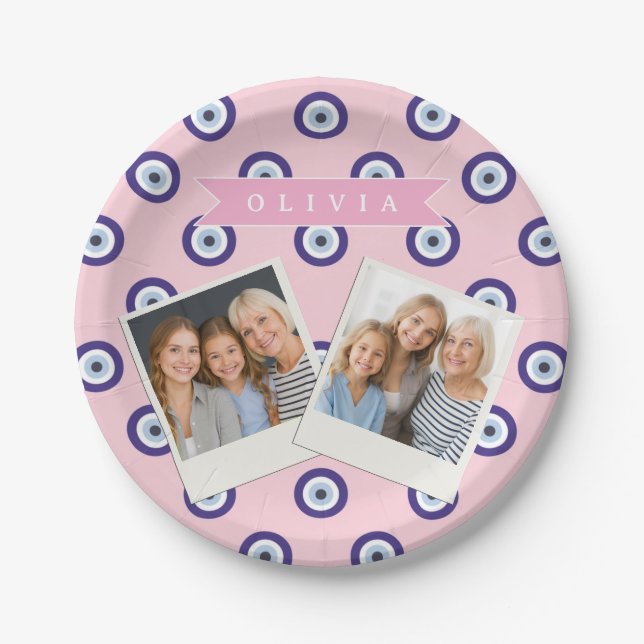 Personalized Pink Evil Eye Pattern Gifts With Name Paper Plate (Front)