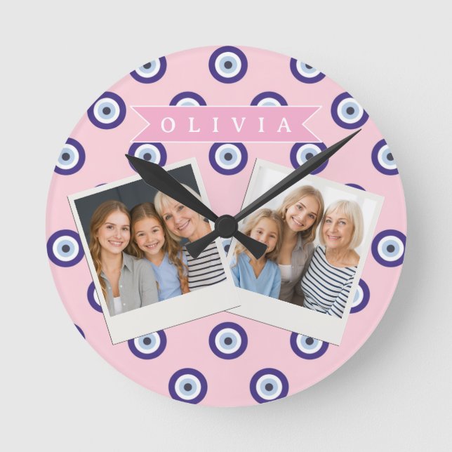 Personalized Pink Evil Eye Pattern Gifts With Name Round Clock (Front)