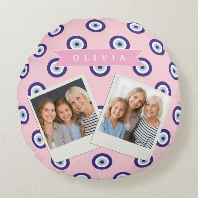 Personalized Pink Evil Eye Pattern Gifts With Name Round Cushion (Front)