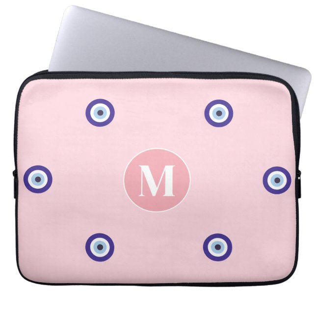 Personalized Pink Evil Eye Pattern Monogram Laptop Sleeve (Front)