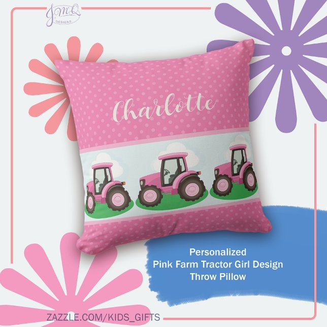 Personalized Pink Farm Tractor Girl Design Cushion (Cute pink farm tractor design with a sweet girly feel and personalized name accent)
