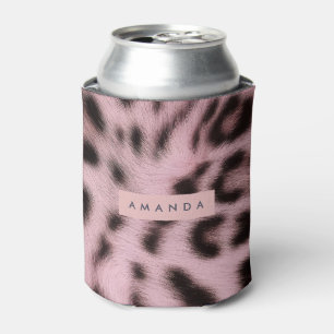 Personalized Pink Faux Fur Leopard Print Can Cooler