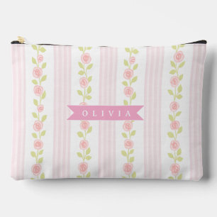 Personalized pink feminine coquette floral striped accessory pouch