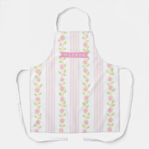 Personalized pink feminine coquette floral striped apron