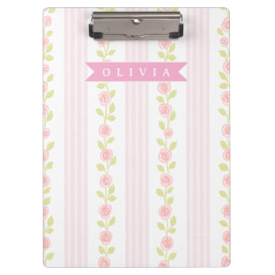Personalized pink feminine coquette floral striped clipboard