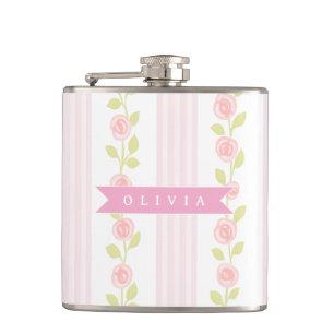Personalized pink feminine coquette floral striped hip flask