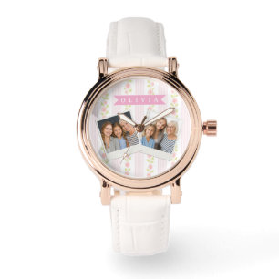 Personalized pink feminine coquette floral striped watch