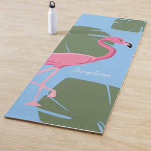 Personalized Pink Flamingo with Tropical Leaves Yoga Mat