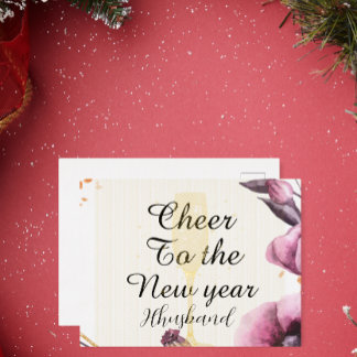 Personalized pink floral champagne glass typograph foil holiday postcard