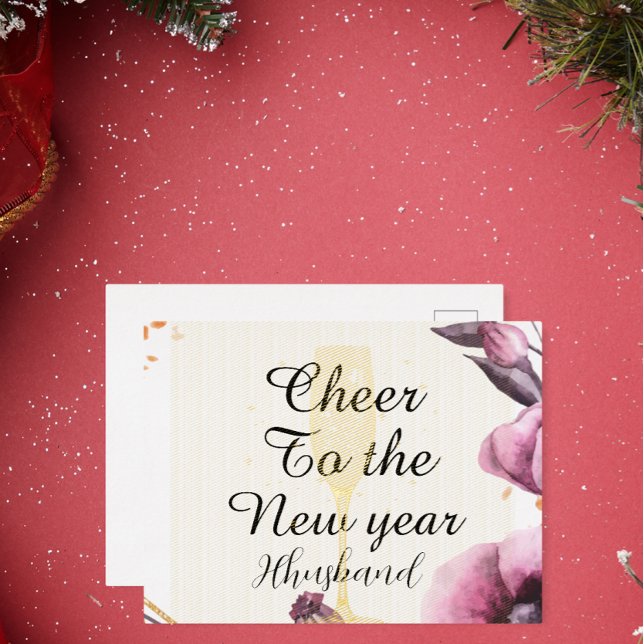 Personalized pink floral champagne glass typograph foil holiday postcard (Creator Uploaded)