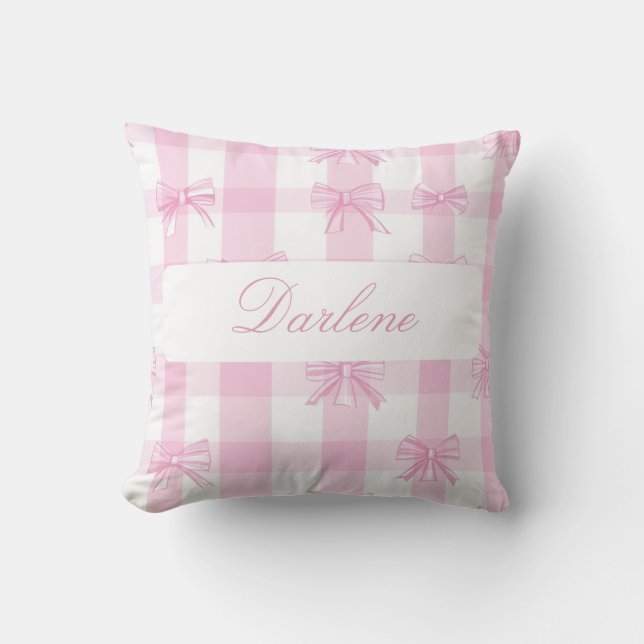 Personalized Pink Gingham Bow Cushion (Front)