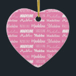 Personalized Pink Girls Name Collage Christmas Ceramic Tree Decoration<br><div class="desc">A pretty personalized heart shaped Christmas ornament gift gift for a little girl decorated in nine different fonts spelling your name in white. Cute customizable present with fun typography.</div>