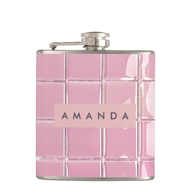 Personalized Pink Glass Tile Style Hip Flask (Front)